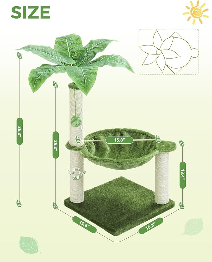 MUTTROS Small Cat Tree, 28" Cat Tower with Sisal Scratching Posts and Coconut Leaves for Indoor Small Cats, Large Hammock and Dangling Ball for Kittens, Green