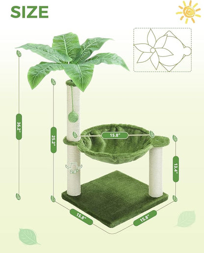 MUTTROS Small Cat Tree, 28" Cat Tower with Sisal Scratching Posts and Coconut Leaves for Indoor Small Cats, Large Hammock and Dangling Ball for Kittens, Green