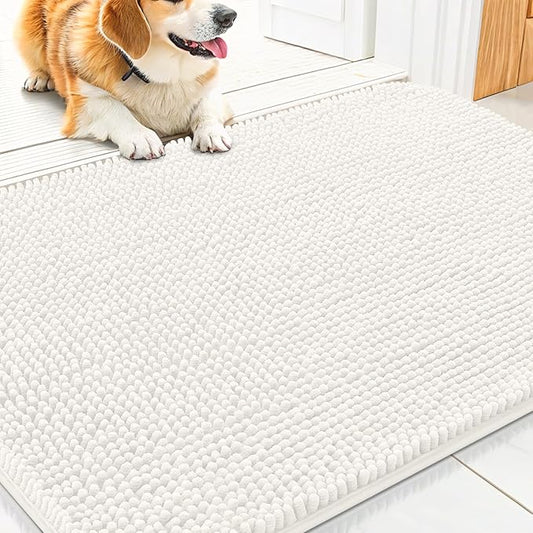 Smiry Dog Door Mat for Muddy Paws 30x20, Absorbs Moisture and Dirt Doormat, Non-Slip Washable Quick Dry Chenille Front Door Mat Indoor Entrance, Entryway Carpet for Inside Floor, Ivory