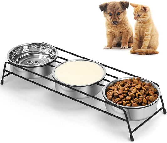 Raised Cat Bowls Triple Dog Cat Feeder Holders 3 Stainless Steel Elevated Pet Water Food Bowl for Cats Puppies Rabbits (3 Bowls)