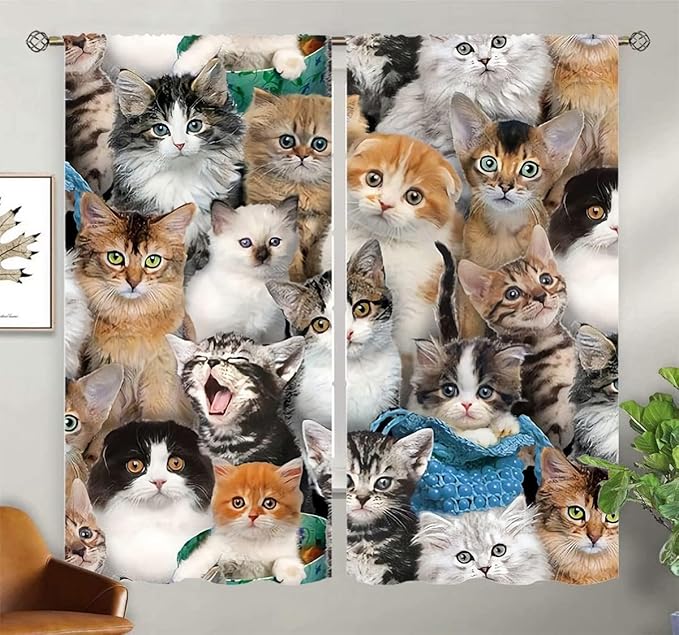 Cat Blackout Curtains Home Decor,Cute White Cat Black Kitten Funny Kitty Rod Pocket Thermal Insulated Drapes Darkening Window Curtain for Girls Boy Bedroom Living Room 84 x 84 Inch