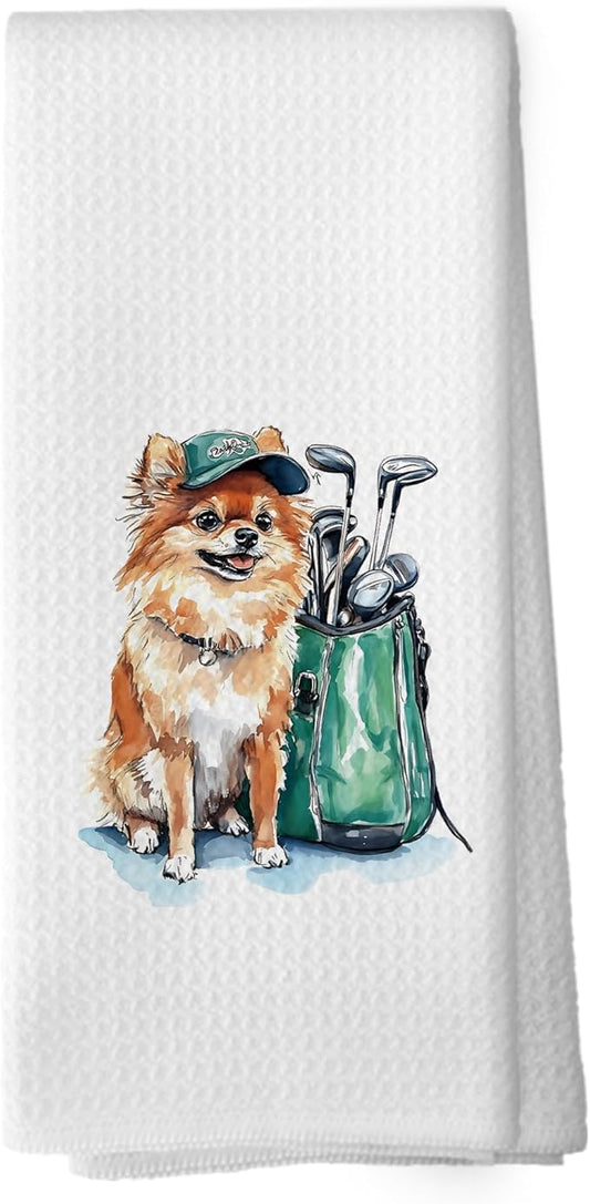 Golf Dog Kitchen Towels - Pomeranian Dish Towels, Sports Gifts, Pet Golf Club Decorative Absorbent Dishcloths Hand Towels for Kitchen Gym Spa Decor 16x24 Inches