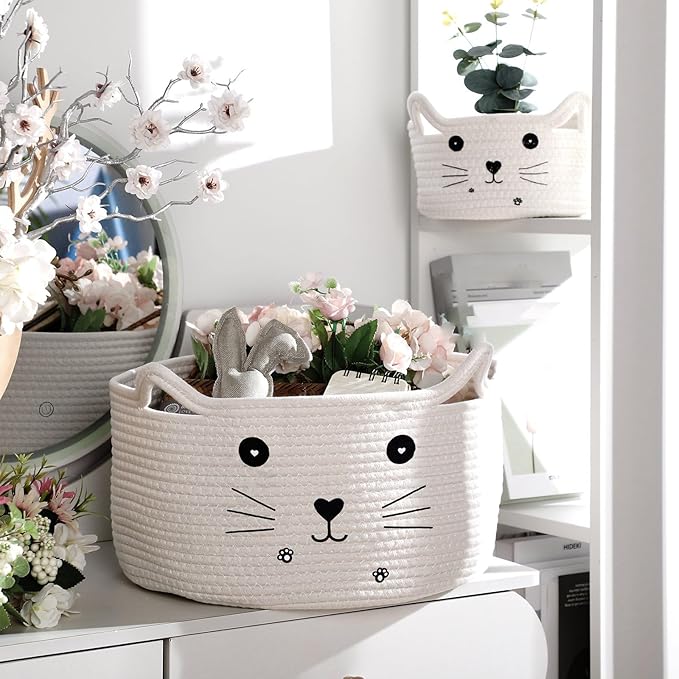 Zopeal Cat Basket Storage Woven Organizer with Ears Easter Decorative Pet Toy Cute Cotton Rope Basket for Gift Cat Dog Toy Bin Nursery Room(13.7 x 7.8 Inch,White)