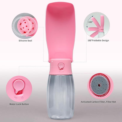 Dog Water Bottle, Leak Proof Portable Puppy Water Dispenser, Travel Puppy Water Bowl, Foldable Transparent Dog Water Bottle for Pets Outdoor Walking, Hiking, Travel, Food Grade Plastic - 19oz Pink