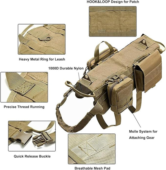 Tactical Dog Vest Harness Heavy Duty Dog Harness with 3 MOLLE Bags&1 Bungee Leash
