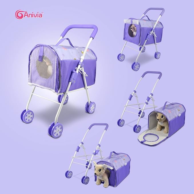 ANIVIA Pet Stroller and Accessories for Kids Ages 3 to 7 Year Olds, Dog Toy for Toddlers, 2 Pieces Play Dog Set, Puppy Party Playset with 1 Pet Puppy Included Purple