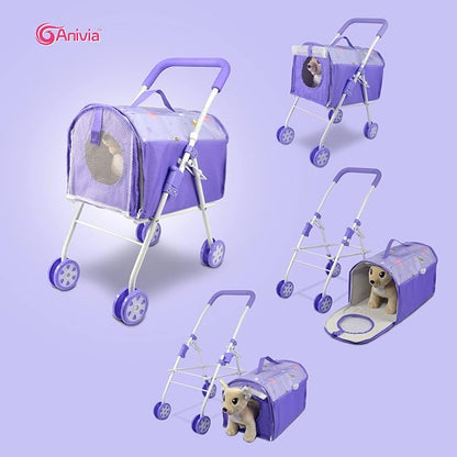 ANIVIA Pet Stroller and Accessories for Kids Ages 3 to 7 Year Olds, Dog Toy for Toddlers, 2 Pieces Play Dog Set, Puppy Party Playset with 1 Pet Puppy Included Purple