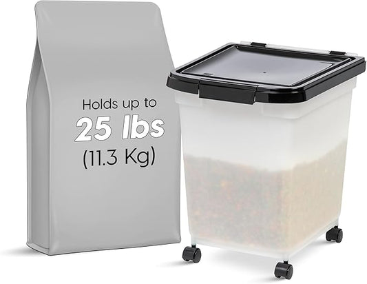 IRIS USA 25 Lbs / 32.5 Qt WeatherPro Airtight Pet Food Storage Container with Removable Casters, for Dog Cat Bird and Other Pet Food Storage Bin, Keep Fresh, Translucent Body, Pearl/Black