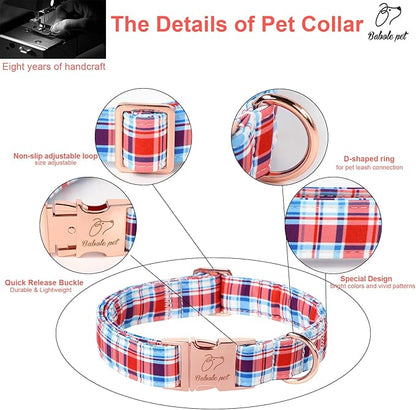 Adjustable Plaid Boy Dog Collar - Classic Boy Dog Plaid Collars for Giant Large Dogs, Durable Red White Blue Heavy Duty Metal Buckle Pet Collar XL