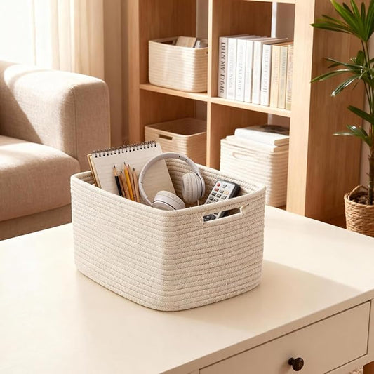 5 Pack White Woven Storage Baskets for Shelves, Decorative Basket Organizer Storage Bins for Toys, Books, Clothes, Closet, Nursery, Bathroom – Cotton Rope Shelf Baskets for Organizing and Decor