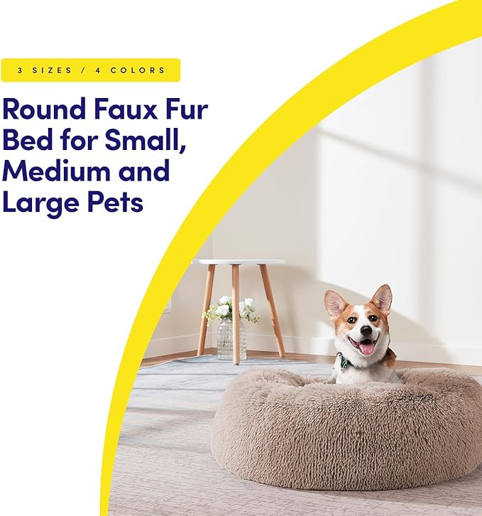 Dog & Cat Bed: Round Faux Fur Pet Bed - Plush, Cozy, & Calming Donut Bed for Large Pets - Soft & Comfortable Sleeping Cushion for Napping & Lounging, 30" Round, Taupe
