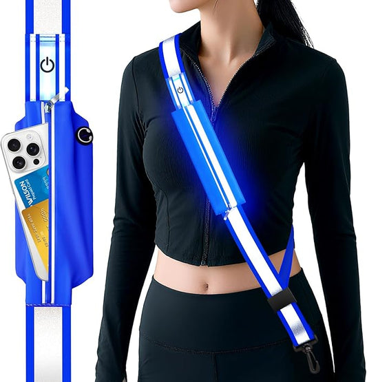 LED Reflective Belt Sash, Rechargeable LED Light Night Safety Walking Gear, High Visibility Adjustable Reflective Gear for Runners Walkers Cyclists at Night (Blue)