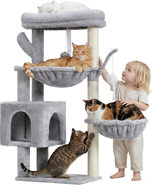 Heybly Cat Tree, 39.4 Inches Tower Condo with Scratching Post, Cat Tower for Indoor Cats, Fully Wrapped Sisal Pole, Soft Platform, 2 Baskets and Dangling Toy, Light Gray HCT006SW