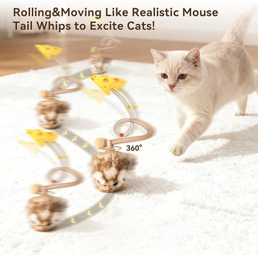 Migipaws Interactive MigiMouse Cat Toy 360° Rolling & Spin with Mesh Plastic Tail for Indoor Cats Smart Motion Sensor, Realistic Squeak, Rechargeable Plush Kitten Toy(Brown Long)