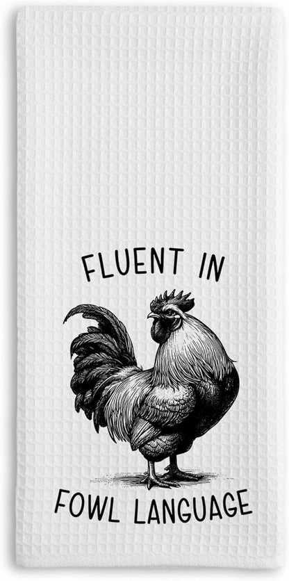 Chicken Dish Towel, Waffle Weave Microfiber Kitchen Cloth, Rustic Rooster Decor Accent, Farmhouse Style Gift for Chicken Lovers, Funny Country Hand Towel for Kitchen Bathroom - A05