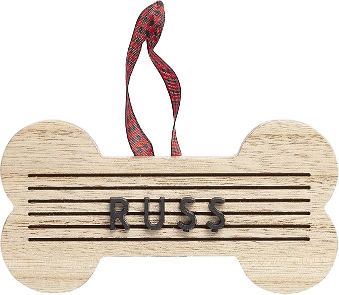Pearhead Pet Letterboard Bone Holiday Christmas Tree Ornament, Pet Owner Christmas Keepsake, Wood with Buffalo Check Hanging Ribbon