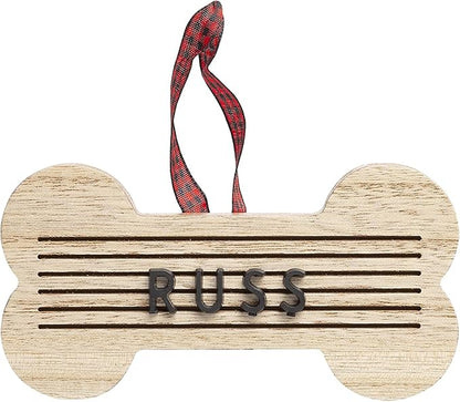 Pearhead Pet Letterboard Bone Holiday Christmas Tree Ornament, Pet Owner Christmas Keepsake, Wood with Buffalo Check Hanging Ribbon