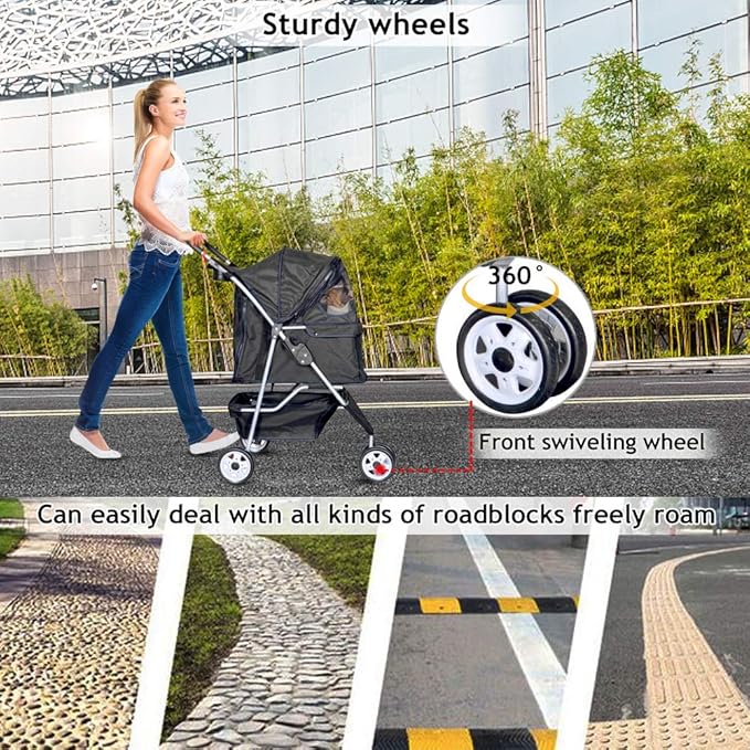 Dkeli 3-Wheel Pet Stroller, Lightweight Foldable Dog Stroller for Small Medium Dogs & Cats, Breathable Mesh & Weather Cover with Storage Basket, for Daily Walk Outdoor Travel (Black)