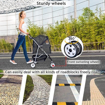 Dkeli 3-Wheel Pet Stroller, Lightweight Foldable Dog Stroller for Small Medium Dogs & Cats, Breathable Mesh & Weather Cover with Storage Basket, for Daily Walk Outdoor Travel (Black)