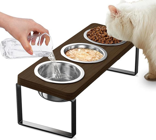 Elevated Cat Bowls with 3 Stainless Steel Bowls | 10° Tilted Anti-Vomiting Raised Cat Food Bowl for Small Cats and Puppies Pet Bowl with Stand（Walnut Color）