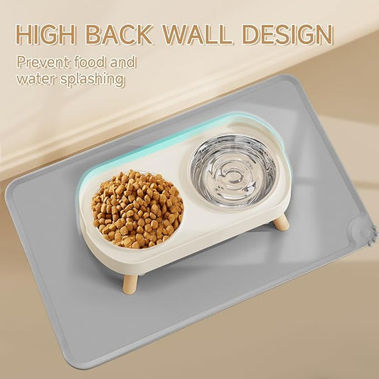 Elevated Cat Bowl with Food Mat, Raised Cat Food and Water Bowl Set for Indoor Cats, Splash Proof with 2 Stainless Steel Pet Food Bowls for Cats and Puppies,Whisker Fatigue and Dishwasher Safe (White)