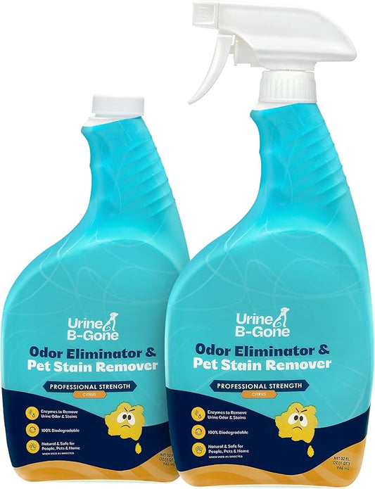 Urine B-Gone, Professional Enzyme Odor Eliminator & Pet Stain Remover, Human, Cat & Dog Urine Cleaner, Effective on Laundry, Carpets & More, Citrus Scent, 32oz, Pack of Two