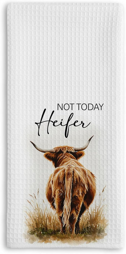 Not Today Heifer Highland Cow Hand Towels for Farmhouse Kitchen Bathroom Decor | Funny Waffle Weave Microfiber Dish Towel Western Gift