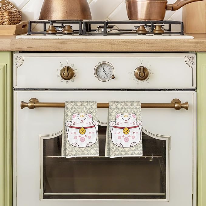 2 Pcs Cute Cat Kitchen Towels 14x24 Inch, Adorable Cats Waffle Hand Towels for Kitchen Home Farmhouse, Cat Lover Gifts for Cleaning Drying Wiping Tasks Dish Cloth Tea Towel Housewarming Gifts