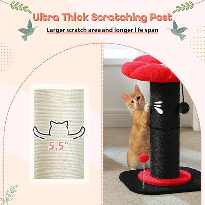PEQULTI Flower Cat Scratching Post, Gothic Cat Tree, Tall Scratcher for Indoor Cats with Super Thick Scratching Post [Dia=5.5''], Removable Flower Bed, Cat Scratch Post with Spring Ball, Black