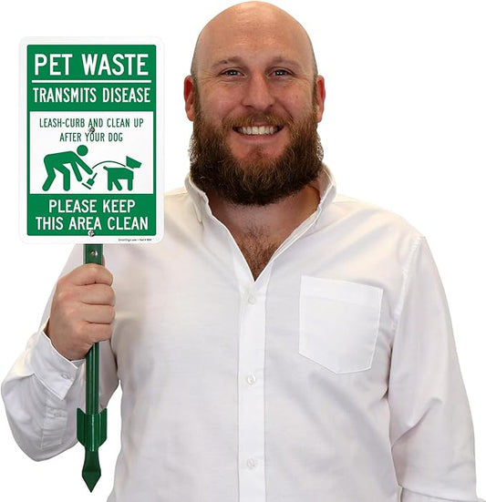 SmartSign 'Pet Waste Transmits Disease, Leash-Curb/Clean Up After Dog Keep Area Clean' Yard Sign - 7" x 10" Sign with Stake, 40 mil Aluminum Sign, 21-inch Tall Sign/Stake Kit, Green/White, USA-Made