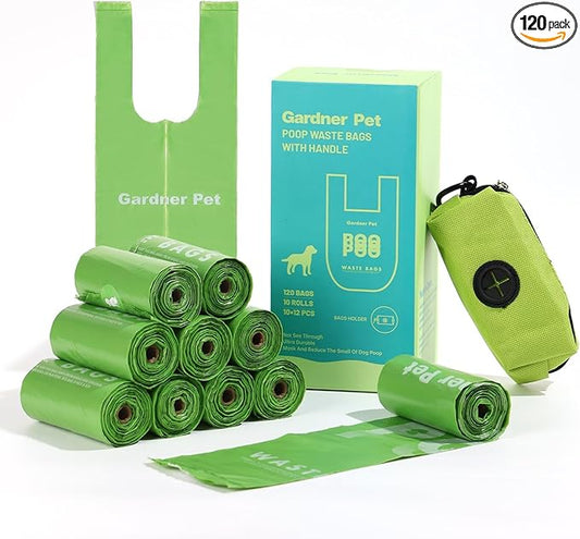 Dog Poop Bags with Handles 10 Rolls, 120 Counts Pine Scented Dog Waste Bags with Dispenser, Leak Proof and Extra Thick, Easy-Tie Pet Poop Bags with Holder for Dogs, Puppies, Cats, Kitten