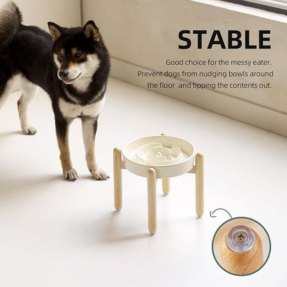 Ceramic 1.6 Cup Raised Slow Feeder Dog Bowl Set, Elevated Wooden Stand for Medium and Large Dog, 8.2inch Puzzle Slow Dish, Anti-Gulping(Beige, Single Bowl+ Stand)