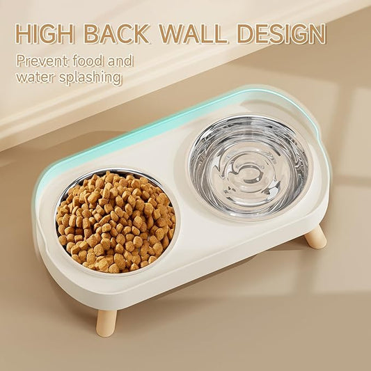 Elevated Cat Bowl, Raised Cat Food and Water Bowl Set for Indoor Cats, Splash Proof with 2 Stainless Steel Pet Food Bowls for Cats and Puppies, Whisker Fatigue and Dishwasher Safe - White