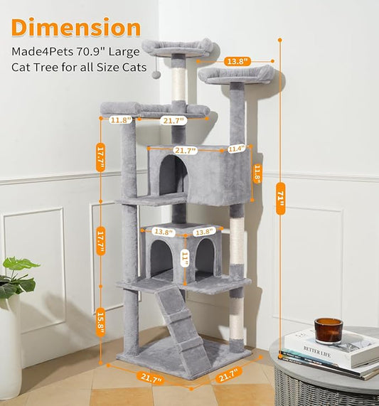 Made4Pets Cat Tree Tower 70in Cat Tower for Indoor Cats Kitten Tree Multi-Level Cat Tree with 2 Condo Furniture Activity Center with Scratching Posts Funny Toys Kittens Pet Play House, Light Grey