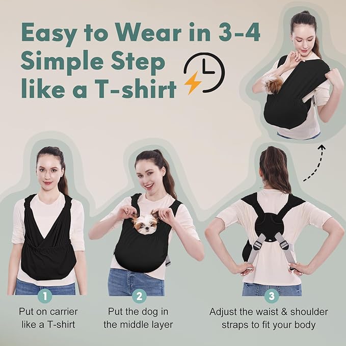 Supet Dog Sling Carrier for Small Pets, Hands Free Cat Sling, Reducing Back Neck Pain Anti-Anxiety Puppy Front, Adjustable Soft Dog Carrying (Black-2, Regular)