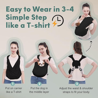 Supet Dog Sling Carrier for Small Pets, Hands Free Cat Sling, Reducing Back Neck Pain Anti-Anxiety Puppy Front, Adjustable Soft Dog Carrying (Black-2, Plus)