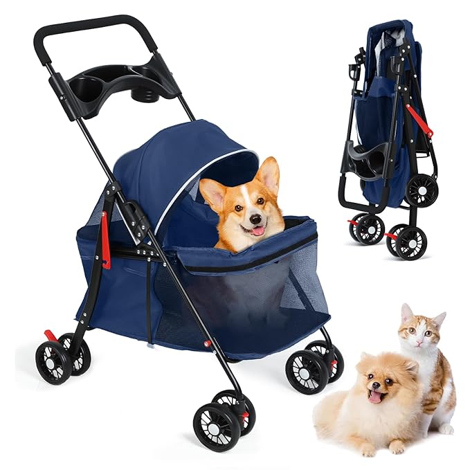 4 Wheels Pet Stroller for Medium Small Dog up to 50lbs, Dog Cat Stroller, Outdoor Travel Pet Folding Strollers, Cat Cage Strollers with Cup Holder, Breathable and Visible Mesh (1 Set-Blue)