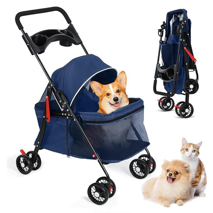 4 Wheels Pet Stroller for Medium Small Dog up to 50lbs, Dog Cat Stroller, Outdoor Travel Pet Folding Strollers, Cat Cage Strollers with Cup Holder, Breathable and Visible Mesh (1 Set-Blue)