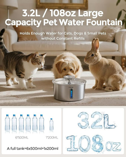 Cat Water Fountain Stainless Steel, 3.2L/108oz Pet Drinking Fountain for Cats Dogs, Automatic Cat Fountain with 2 Flow Modes, Splash-Proof Bowl, Includes 8 Replacement Filters