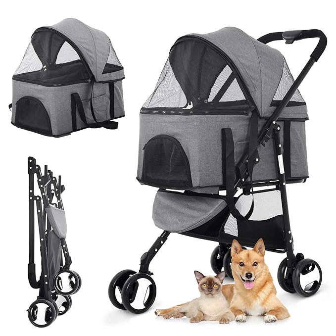Dog Stroller Pet Strollers 3 Wheel Doggy Stroller for Small Medium Dogs Cats 3-in-1 Detachable Travel Carrier Pet Gear Stroller Wagons for Dogs Trolley for Cat Doggie Rabbit Puppy, Grey