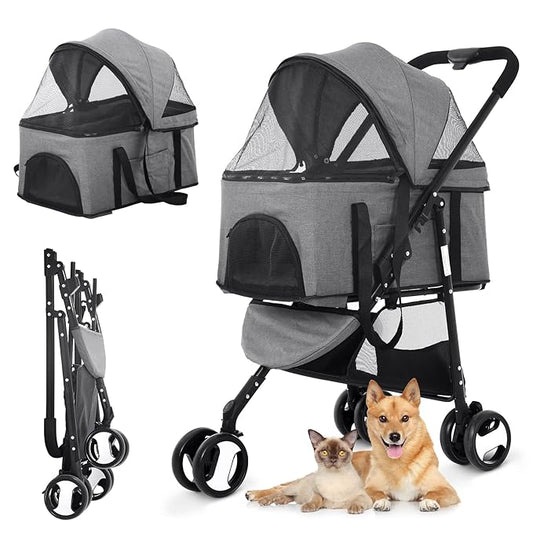 Dog Stroller Pet Strollers 3 Wheel Doggy Stroller for Small Medium Dogs Cats 3-in-1 Detachable Travel Carrier Pet Gear Stroller Wagons for Dogs Trolley for Cat Doggie Rabbit Puppy, Grey
