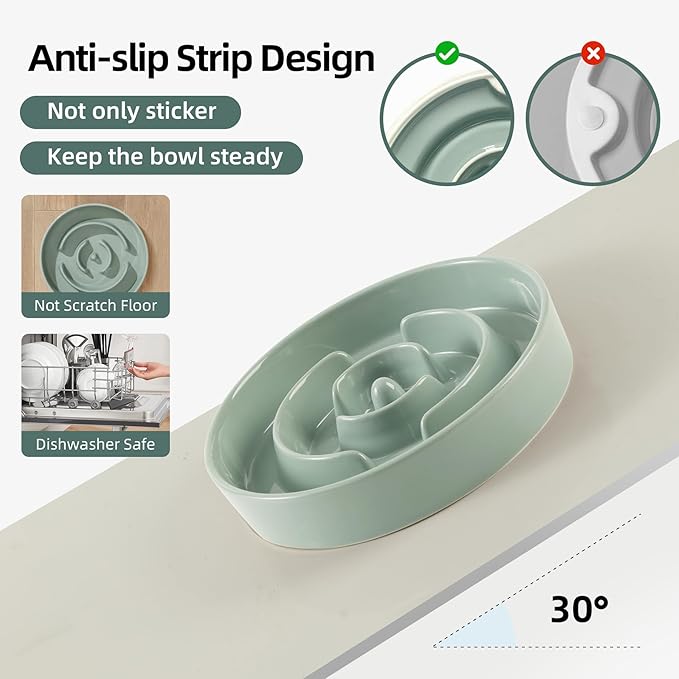 3.2 Cup Ceramic Raised Slow Feeder Dog Bowl Set, Elevated 8.2inch Bowl and 9.5inch Puzzle Slow Food Dish with Wooden Stand for Large Dog, Anti-Gulping (2 x Light Green+ Stand)