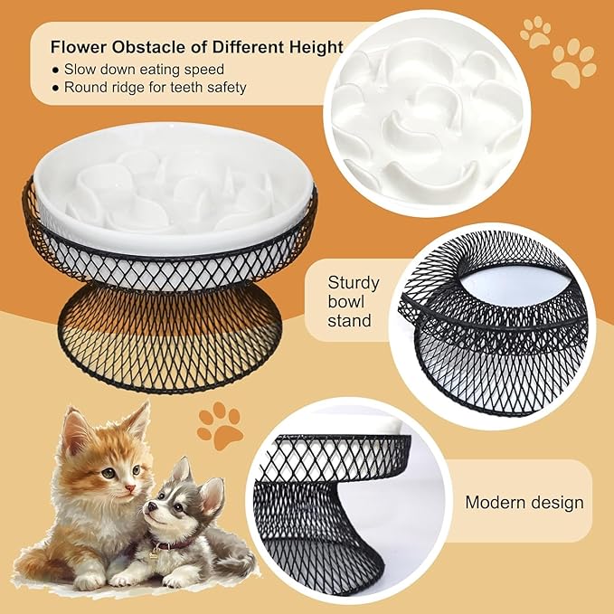 2PCS Raised Ceramic Cat Slow Feeder Bowl Elevated Food Bowl with Stand, Cat Slow Bowl for Wet Food and Dry Food,Slow Down Eating Speed, Whisker Friendly Pet Puzzle Feeder for Kitten and Small Dog