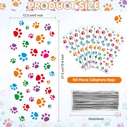 Blulu 100 Pieces Dog Treat Bags Puppy Party Favor Pet Paw Cone Cellophane Bags Candy Heat SealableDog Paw Gift with 100 Pieces Silver Twist Ties for Pet Cat Treat Party Favor(Colorful)