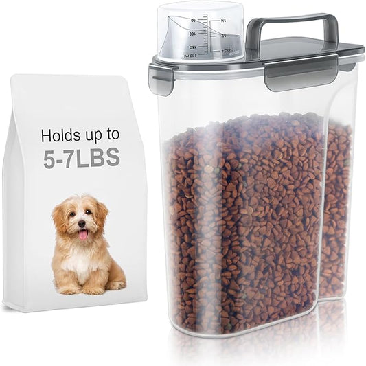 5-7Lbs Dog Cat Food Storage Container with Upgraded Large Nozzle BPA-free, 4 Snap Seals Plastic Pet Food Storage Containers with Handles (Clear Black, 5L-1pack)
