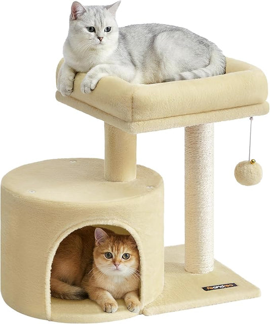 Feandrea Cat Tree, Small Cat Tower with Sisal Scratching Post, Plush Condo with Padded Perch, for Small Spaces, Kittens, Sand Beige UPCT050LF01