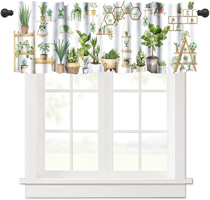 Bohemian Flower Window Valance Curtains, Colorful Succulent Plants Watercolor Boho Floral Green House Plant Potted Flower Valance Curtain for Farmhouse Bedroom Living Room Kitchen 54x18inch