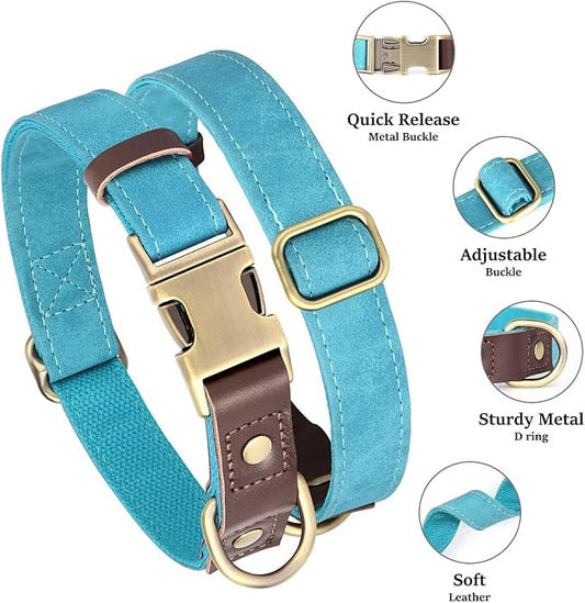 Didog Soft PU Leather Dog Collars for Medium Dogs,Classic Adjustable Dog Collars with Quick Release Metal Buckle,Easy Clean and Comfortable with Nylon Lining,Light Blue,M Neck 14-19"