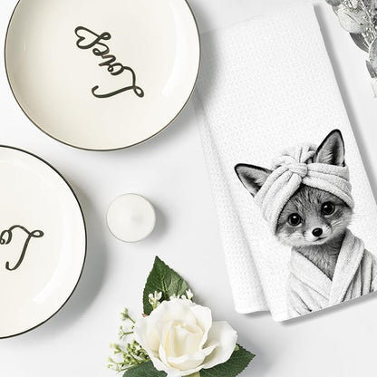 Funny Fox Bathroom Hand Towels, Fox Gifts for Women, Gifts for Animal Lovers, Black and White Farmhouse Wild Animal Decorative Hand Towels for Bathroom Decor, 16x24 Inch