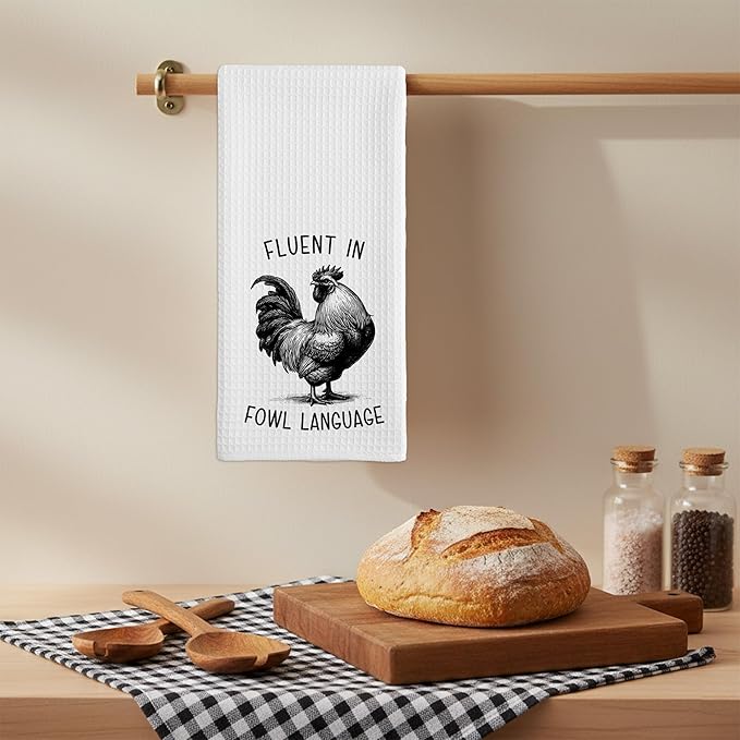 Chicken Dish Towel, Waffle Weave Microfiber Kitchen Cloth, Rustic Rooster Decor Accent, Farmhouse Style Gift for Chicken Lovers, Funny Country Hand Towel for Kitchen Bathroom - A05